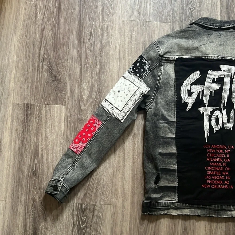 Giftd Tour Black and Red Jean Jacket Bandana Handmade Distressed Denim Large